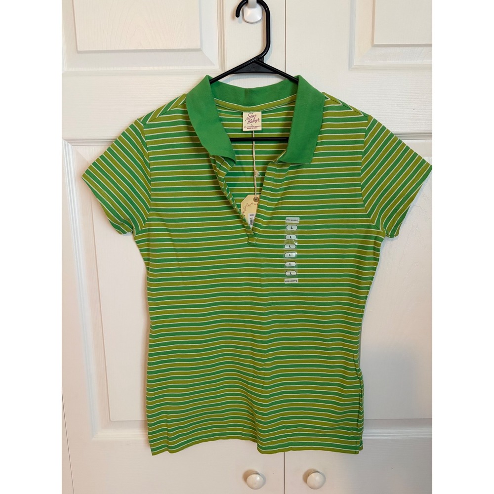 Steve & Barrys Womens Green White Striped Short Sleeve Polo Shirt NWT Large